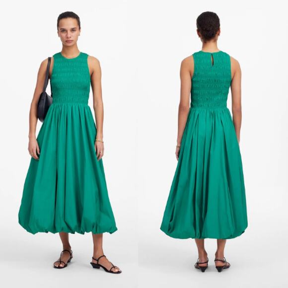 Madewell The Melody Bubble-Hem Smocked Midi Dress Poplin NT311 Green Size L NWT - Picture 1 of 6